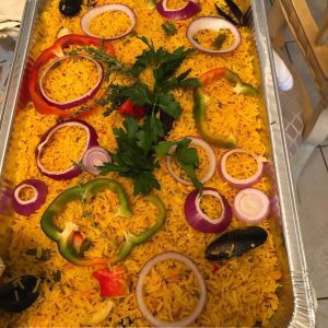 Yellow rice with seafood catering platter